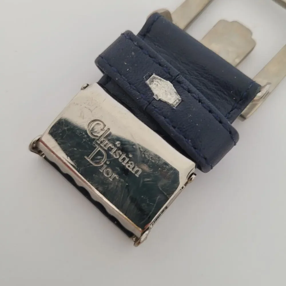 Christian Dior Silver Navy‎ Blue Metal Belt Buckle Replacement Logo Slim Vintage